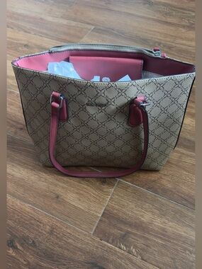 Nine West Beige Tote with Red Handles and Trim